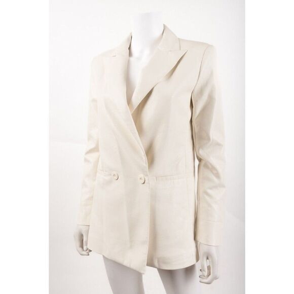 Alice & Olivia Suit Jacket Justin Blazer Sz 0 Ivory Ecru Faux Leather Vegan - Picture 3 of 6